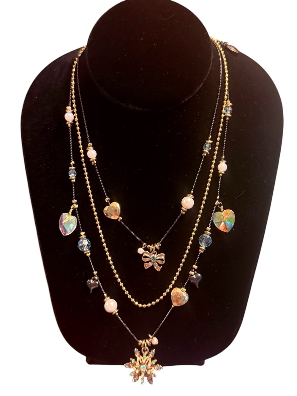 Betsey Johnson Gold Multi-Layer Necklace with Iridescent Hearts & Snowflake - Picture 1 of 8